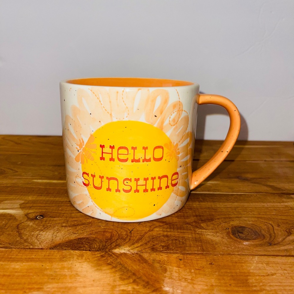 Tag Hello Sunshine Coffee Mug Ceramic Orange Yellow Sun Bee Speckled 4in